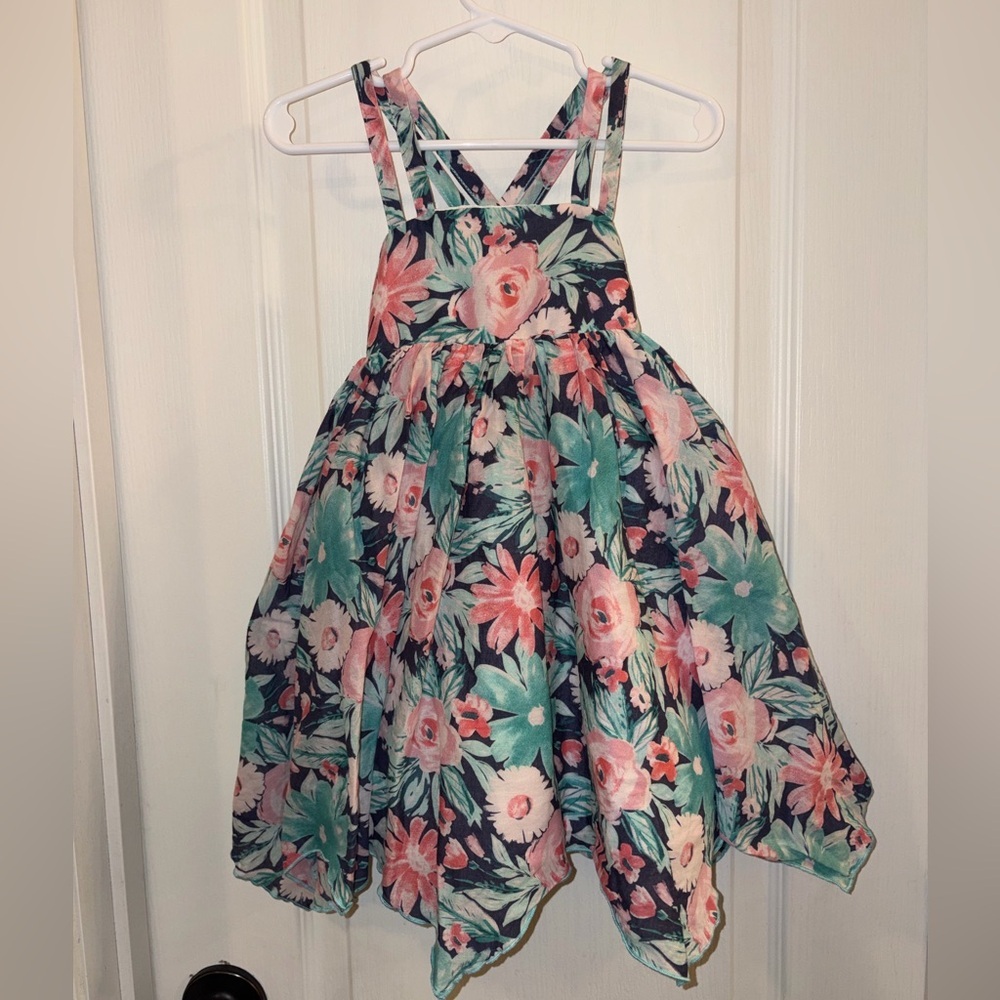 Cynthia Rowley Navy Floral Handkerchief-Hem Dress with Pink & Teal Blooms